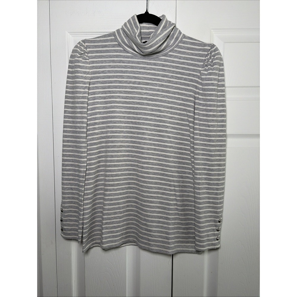 Talbots Striped Puff Sleeve Turtleneck Womens Size S Gray White Ribbed Knit Top